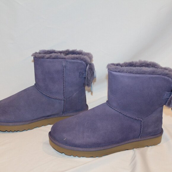 UGG WOMEN'S MINI BAILEY BOW SUEDE SHEARLING LINED ANKLE BOOTS PURPLE - Picture 5 of 9